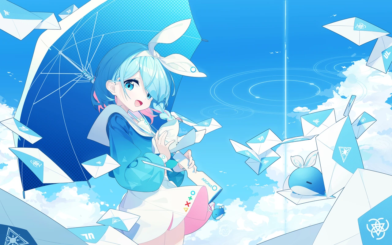 蓝色天空与信封中的动漫人物插画